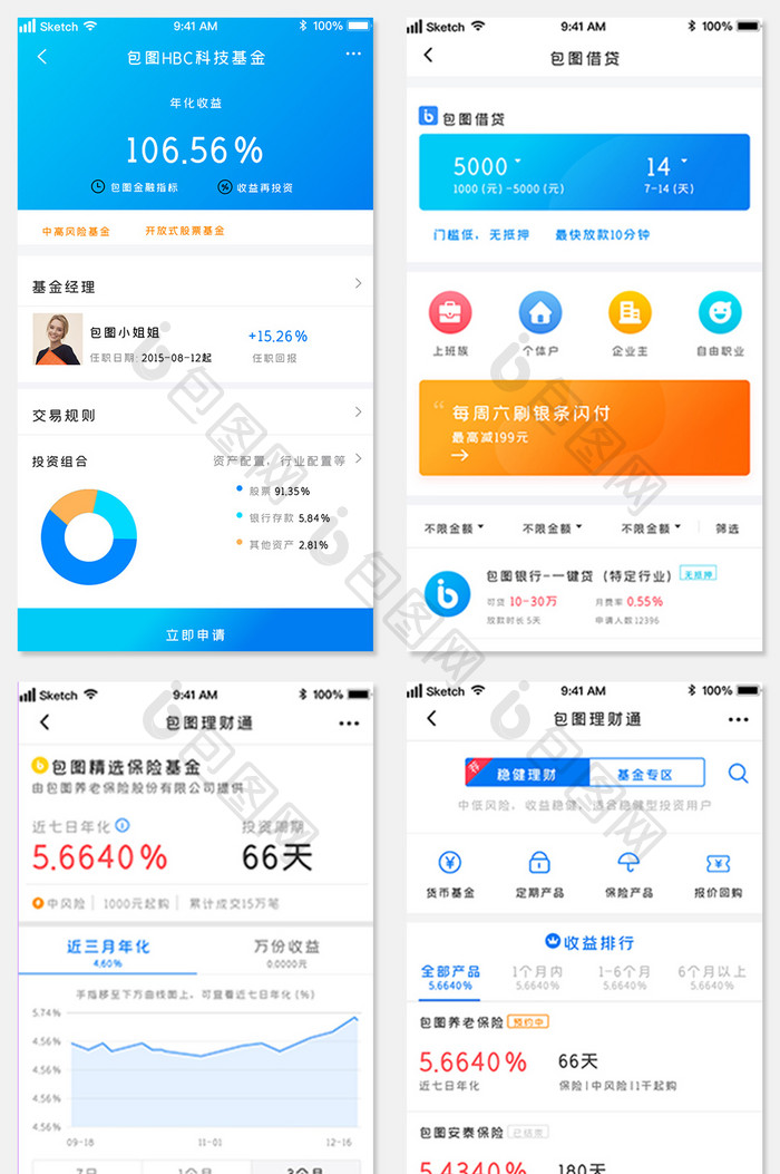 时尚蓝色渐变金融基金系列APP套图