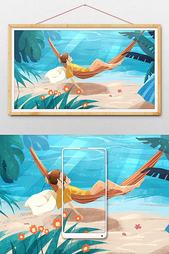 夏天炎热海边沙滩吊床插画图片