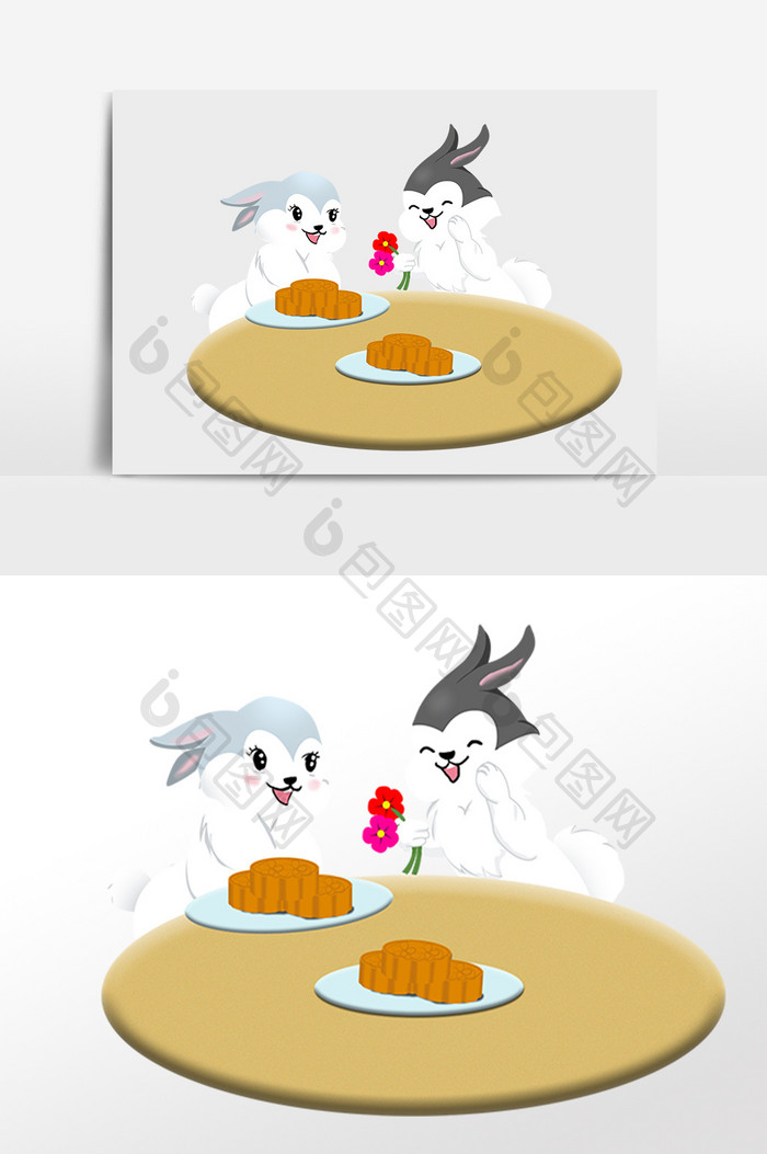 手绘中秋节吃月饼玉兔兔子插画