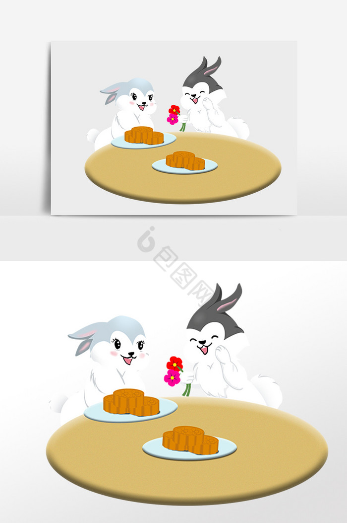 中秋节吃月饼玉兔兔子插画图片