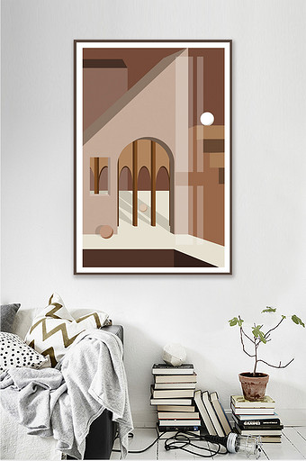 北欧轻奢熟褐色系几何空间建筑客厅装饰画图片
