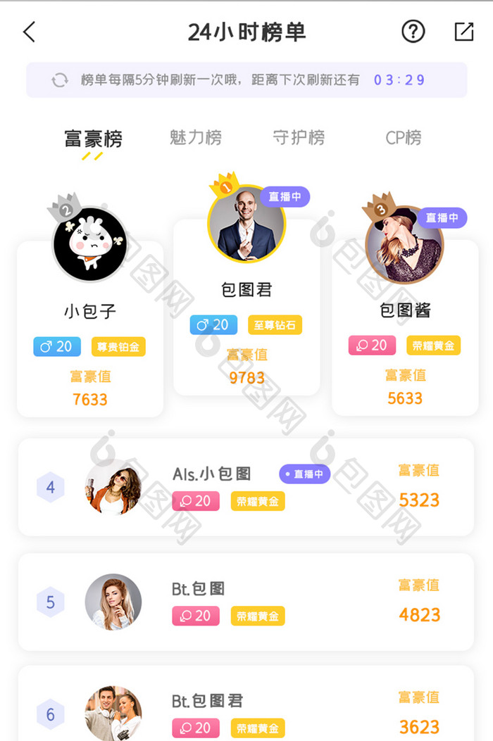 直播APP24小时榜单UI移动界面