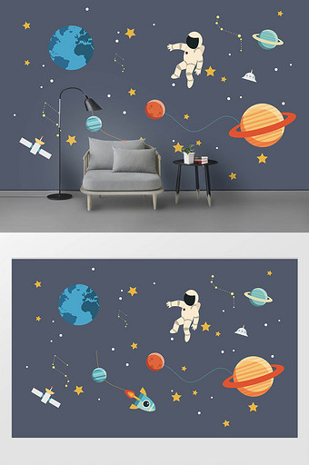 儿童房卡通太空灰色背景墙地球卫星火箭墙贴图片