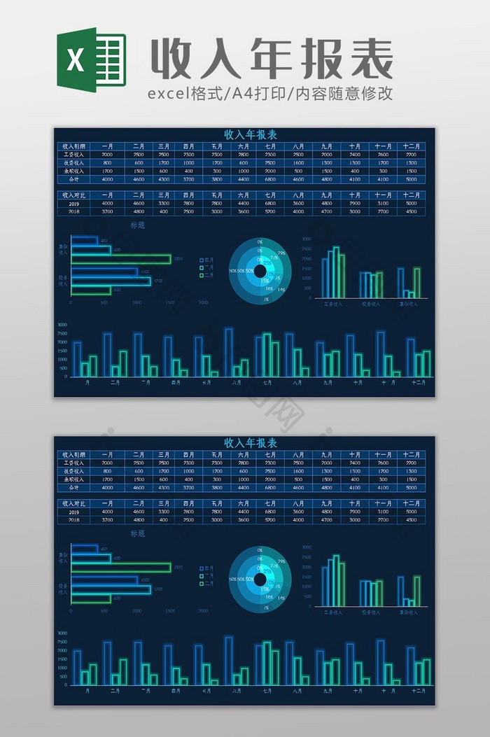 可视化科技可视化大数据收入年报表Excel模板