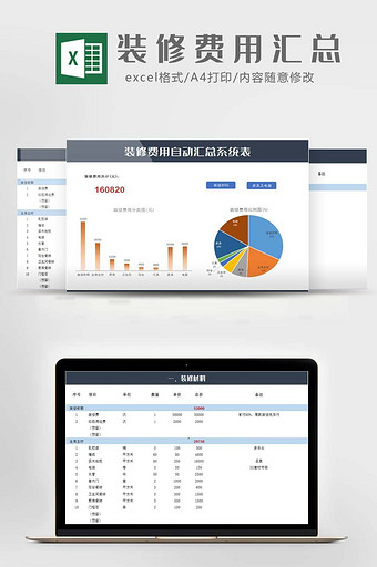 装修费用自动汇总系统表Excel模板图片