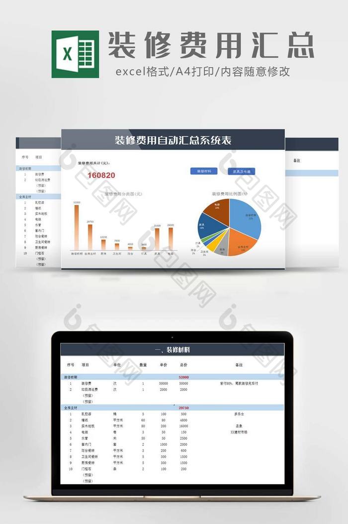 装修费用自动汇总系统表Excel模板