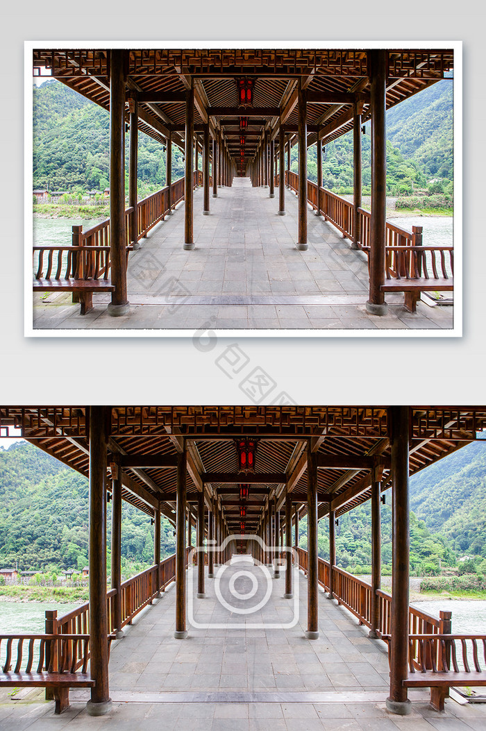 中式建筑木质桥梁廊桥高清摄影图
