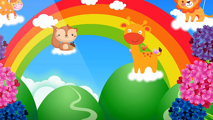 卡通彩虹天空动物背景