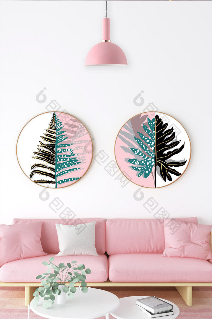 北欧清新简约粉色植物棕榈叶艺术装饰画