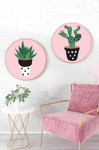 简约清新欧式盆栽仙人掌植物绿色粉色装饰画图片