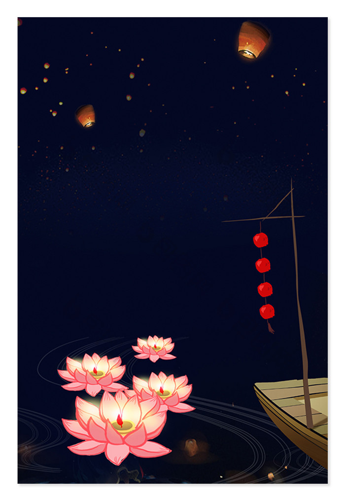 中元节夜晚莲花河灯孔明灯背景