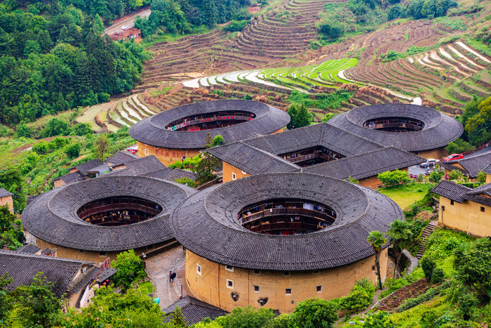 福建田螺坑土楼群屋顶全景图片