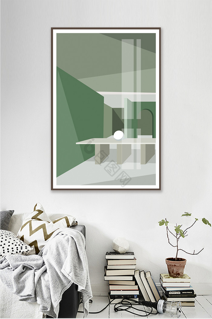 简欧莫兰迪绿色系建筑空间透视客厅装饰画图片
