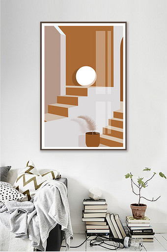 简欧莫兰迪暖色系立体几何建筑客厅装饰画图片
