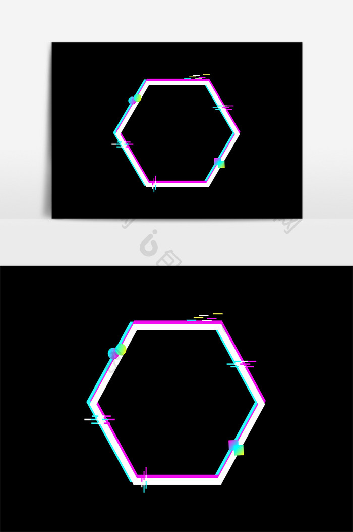 卡通抖音风故障风六边形边框矢量元素