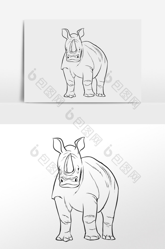 手绘线描线稿野生动物犀牛插画