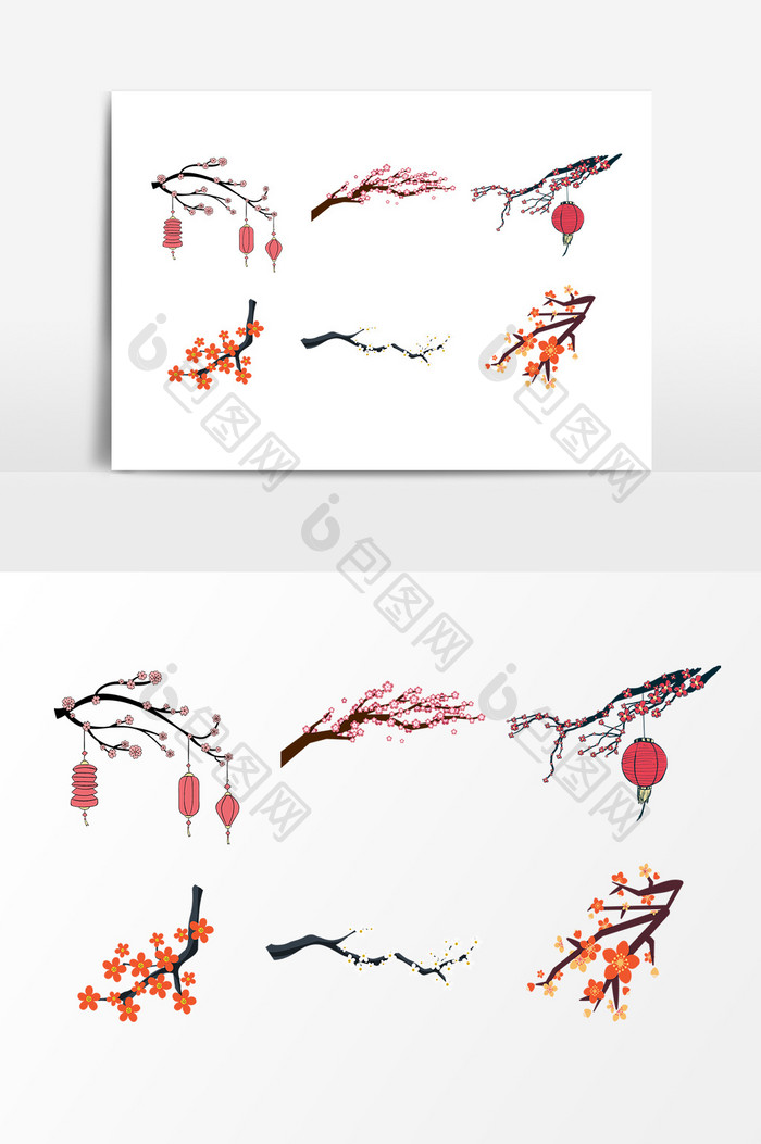 中国风节日装饰梅花树枝灯笼设计素材