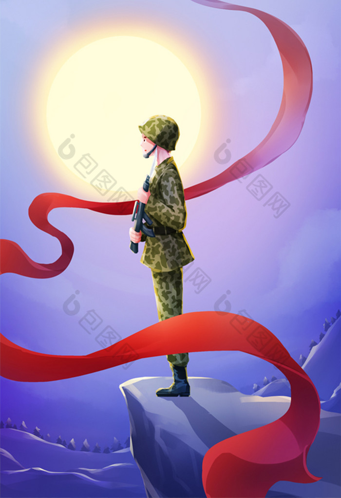 战士夜间站岗守护祖国疆域插画图片