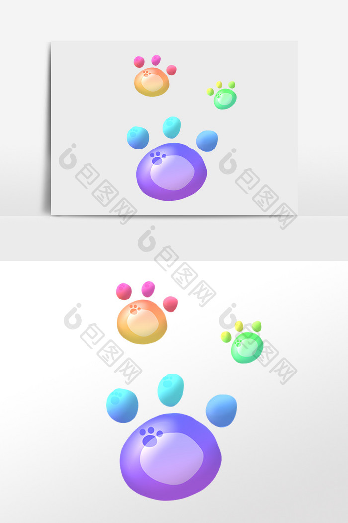 手绘卡通可爱七彩猫脚印印记插画