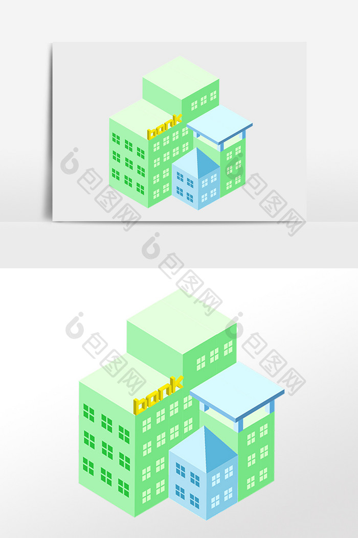 手绘2.5D立体银行建筑插画