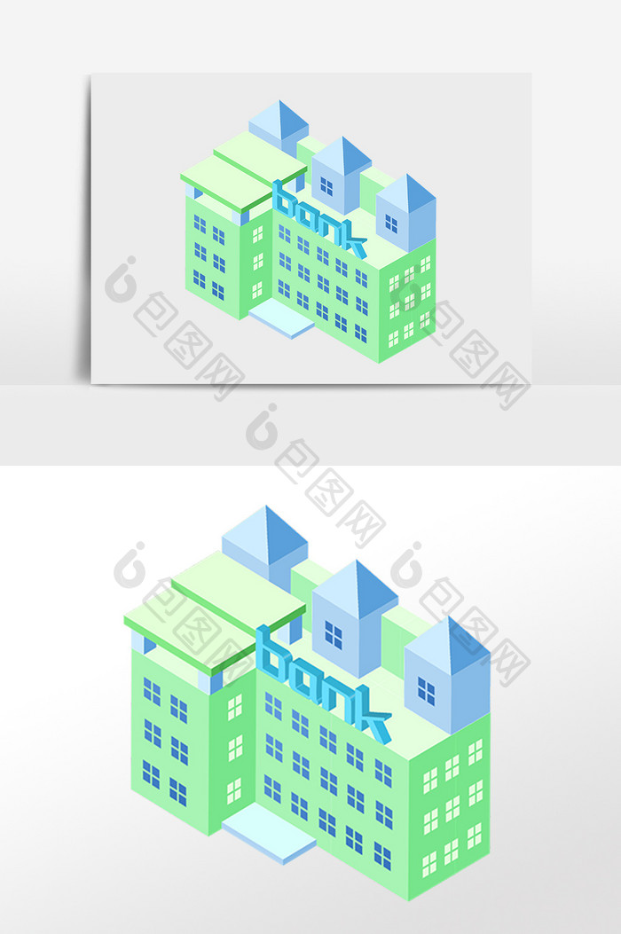 手绘2.5D立体金融银行建筑插画
