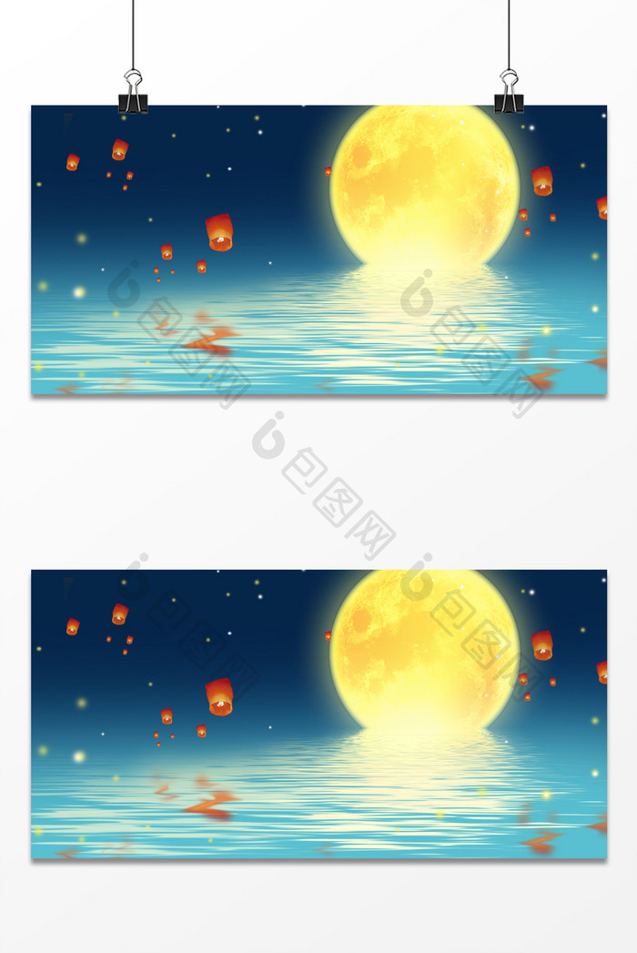 大气夜空赏月孔明灯中秋节背景