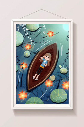 24节气处暑少女划船风景荷塘荷叶风景插画