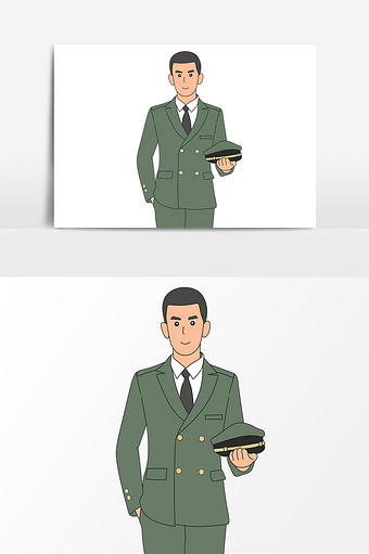 手绘托着军帽的军人形象卡通图片下载
