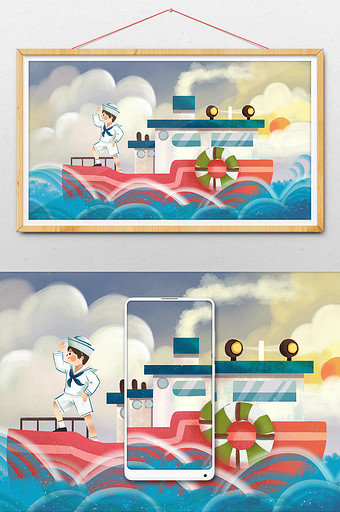 卡通扁平中国航海日轮船航海水手插画图片