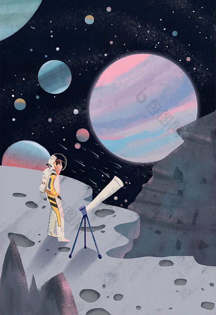 卡通扁平月球日宇航员登月太空望远镜插画