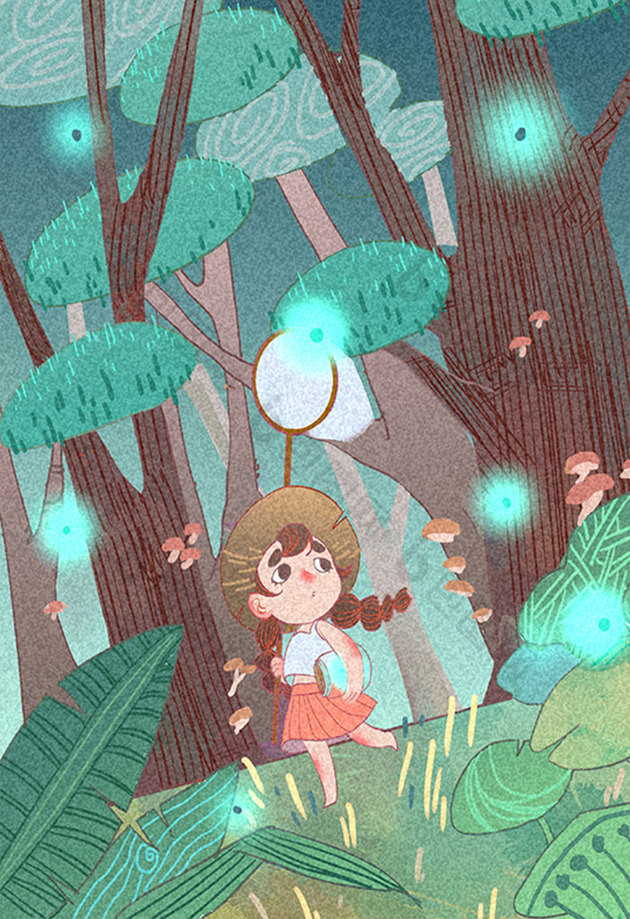 卡通扁平处暑节气丛林少女萤火虫绿色插画