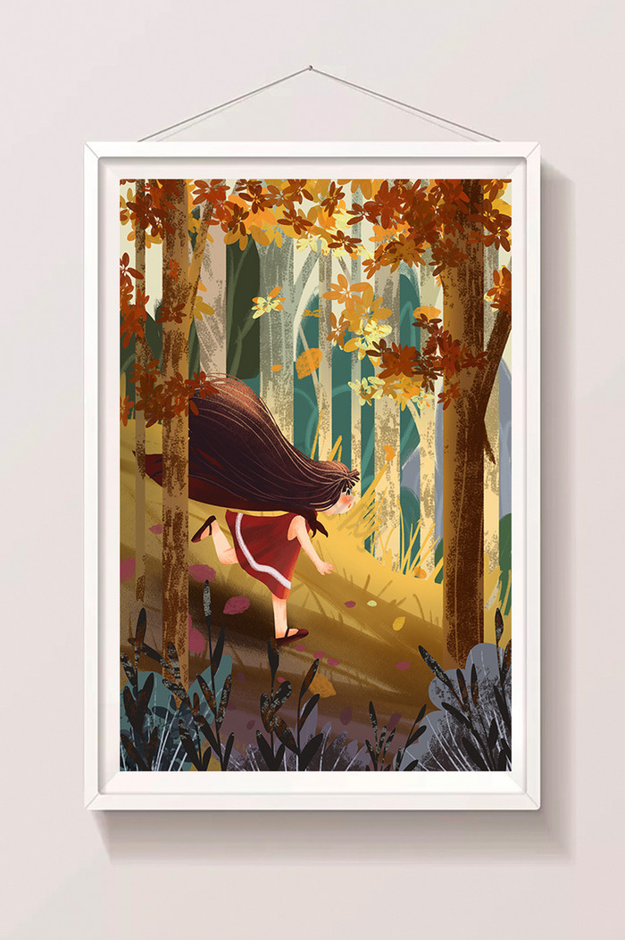 立秋节气丛林落叶少女奔跑插画图片