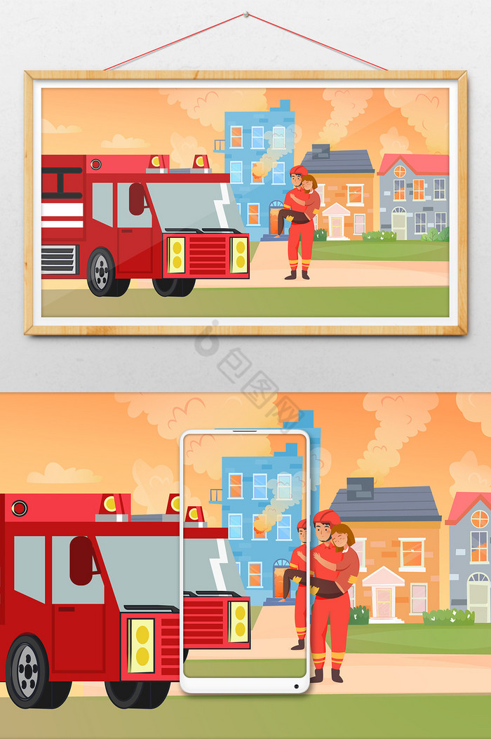 火灾火警消防员救助防灾防火横幅公众号插画图片