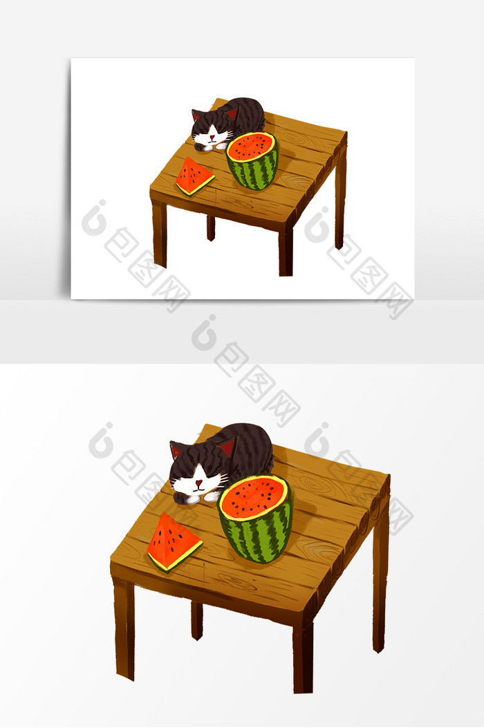质感大气手绘卡通猫咪西瓜装饰元素
