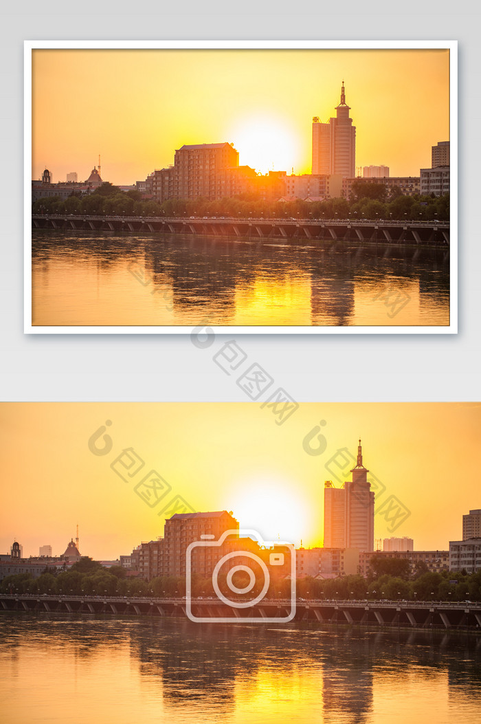 日落江边城市建筑摄影图片