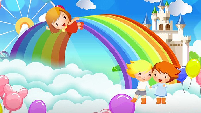 卡通天空彩虹城堡气球背景