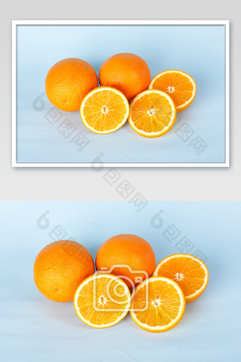 橙色橙子新鲜水果蓝色背景果肉切开美食摄影图片