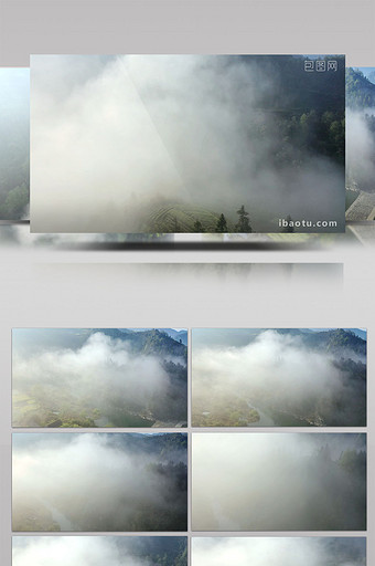 航拍穿越云层看到的小山村梯田河流图片