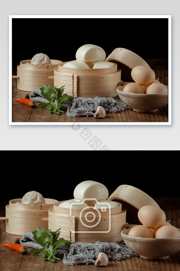 中国传统早餐馒头鸡蛋小笼包摄影图片