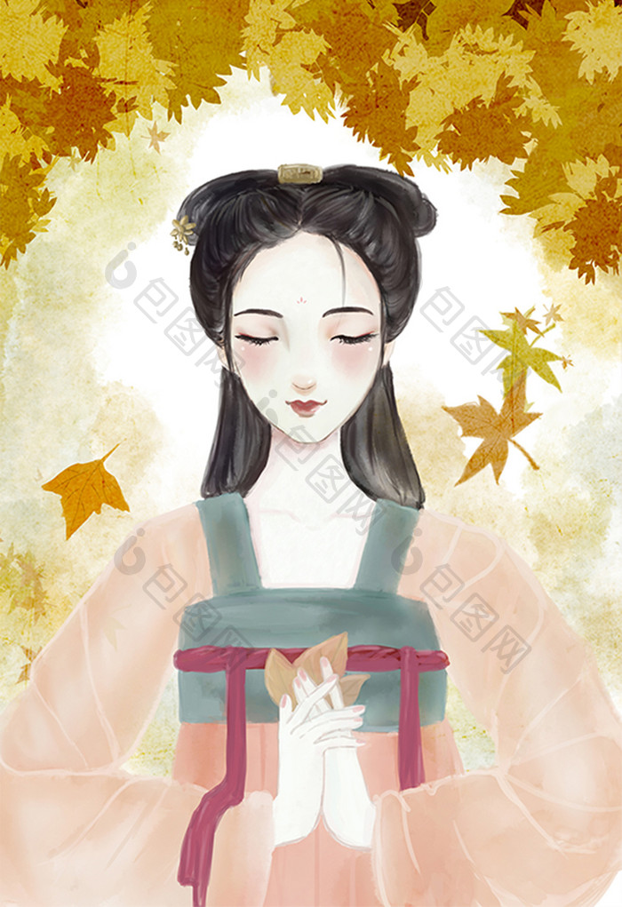 水彩水墨中国风古装仕女立秋插画