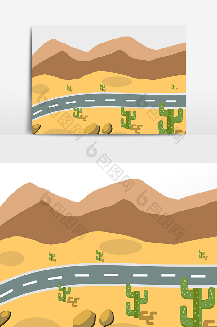 手绘黄色干枯沙漠公路插画
