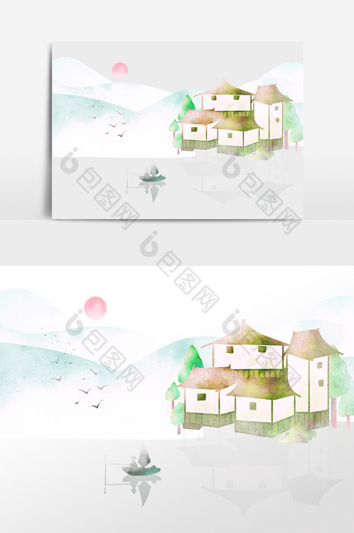 水墨山水画风景房屋插画图片图片