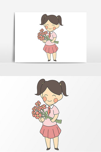 手绘手捧鲜花送鲜花的小女孩图片下载