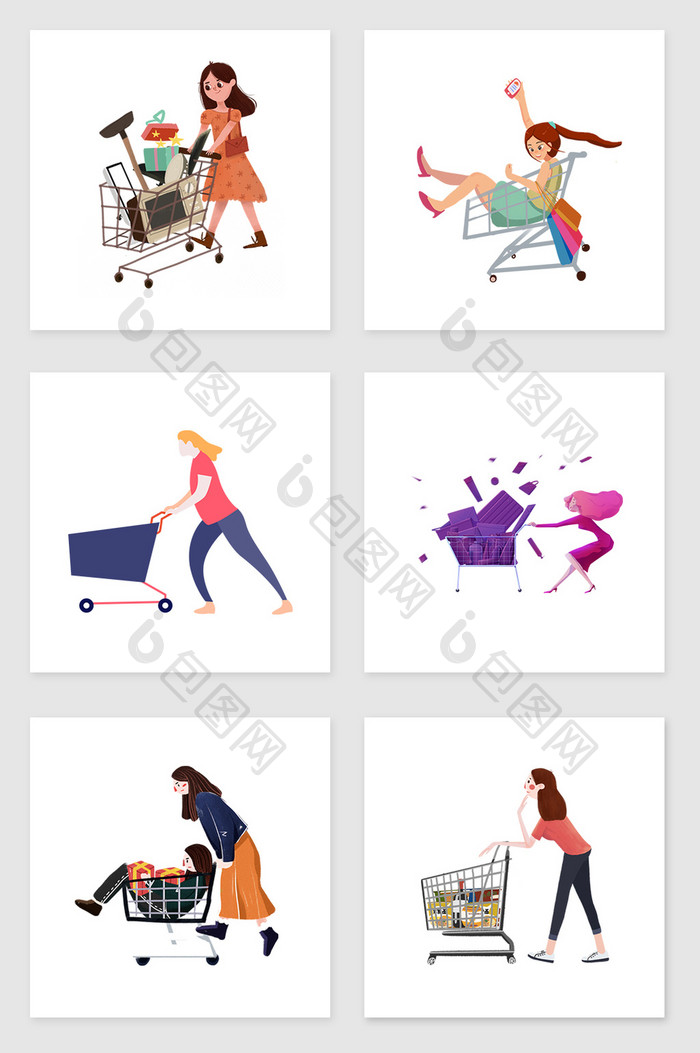 手绘商场用购物车的女人套图插画元素