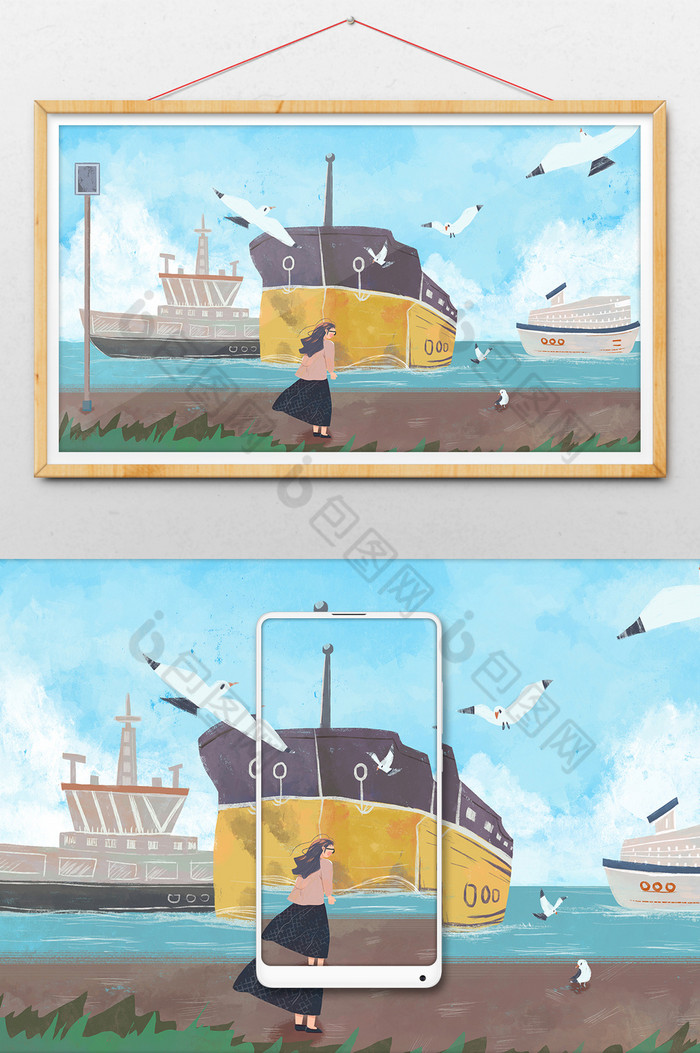 中国航海日轮船航海少女海鸥插画图片图片