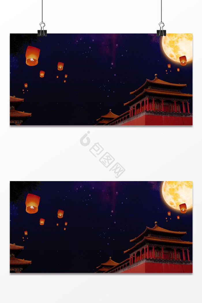 中元节古建筑孔明灯图片
