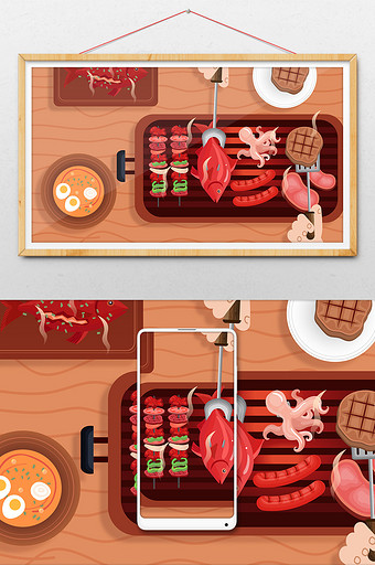 烧烤烤肉烧鱼餐桌饮食健康横幅公众号插画图片