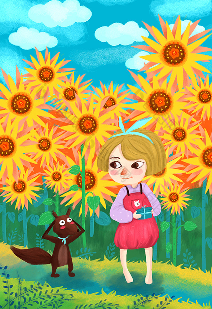 阳光向日葵女孩插画图片