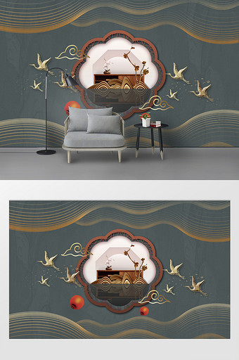 新中式圆镶嵌工笔山水背景墙装饰画硬包图片
