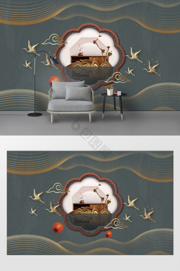 新中式圆镶嵌工笔山水背景墙装饰画硬包图片